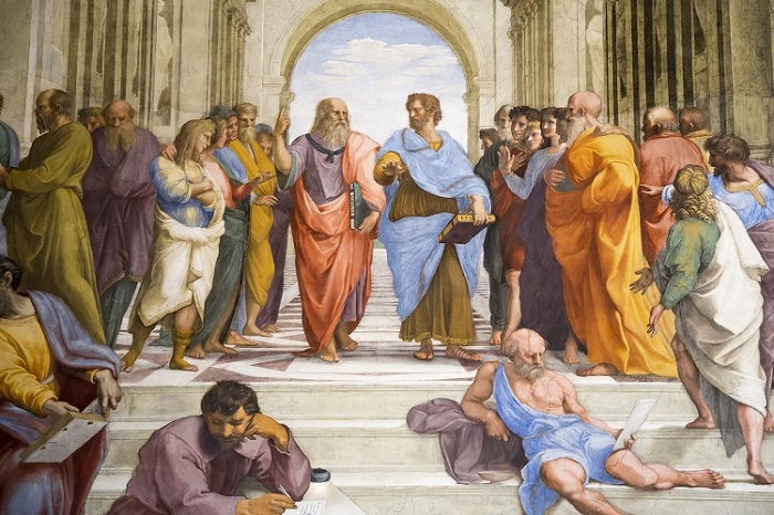 Platão e Aristóteles em recorte do plano central da Escola de Atenas, pintura renascentista de Rafael Sanzio.