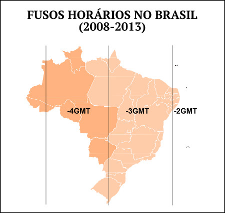 Mapa dos fusos horários do Brasil com as mudanças de 2008