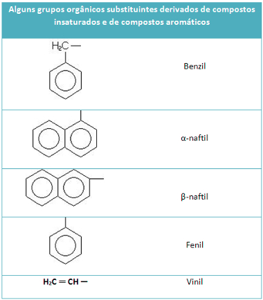 Grupos orgânicos substituintes derivados de compostos insaturados e de aromáticos