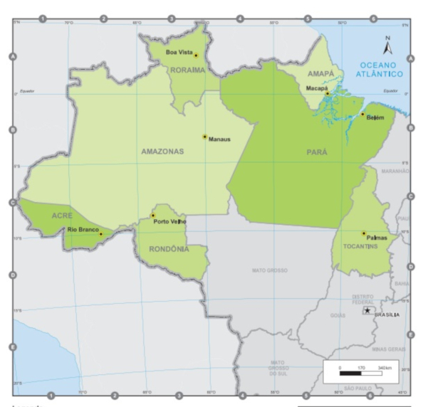 O mapa da Região Norte do Brasil representa as sete unidades federativas que compõem essa região. (Fonte: IBGE)