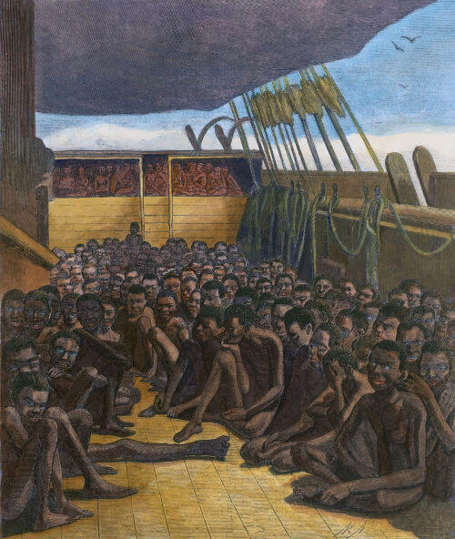 Ilustração dos escravos no navio negreiro.