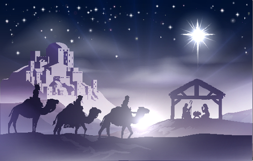 Os três Reis Magos indo entregar presentes ao Menino Jesus