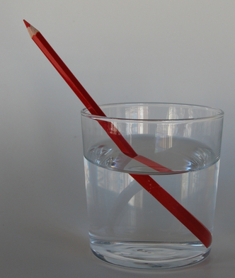 Um lápis dentro de um copo com água parece estar quebrado em virtude da refração da luz