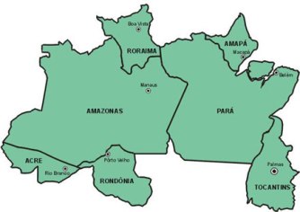Mapa da região Norte com seus respectivos estados e capitais.
