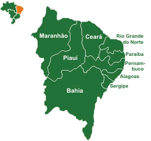 Mapa da Região Nordeste com seus respectivos estados.