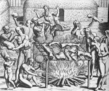 Acima, imagem de um ritual de canibalismo executado pela tribo dos tupinambás