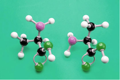 Modelos moleculares dos dois isômeros ópticos do aminoácido alanina