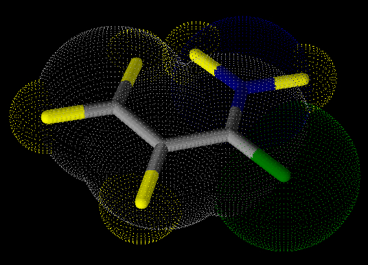 Representação estrutural de uma molécula de acrilamida em 3D