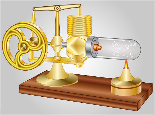 O motor de Stirling utiliza uma fonte de calor externa, como a chama de uma vela, e câmaras preenchidas com um gás a diferentes temperaturas