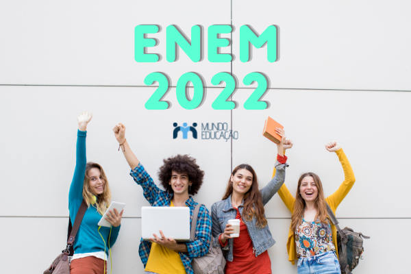 Estudantes com materiais, logomarca do Mundo Educação e Enem 2022