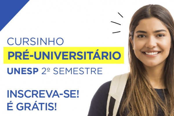 Mulher sorrindo ao lado do texto Cursinho Pré-Universitário Unesp 2º semestre Inscreva-se é grátis!