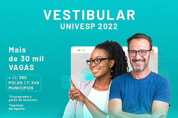 Imagem de campanha do Vestibular 2022 da Univesp com uma mulher negra e um homem branco, ambos de óculos, na capa