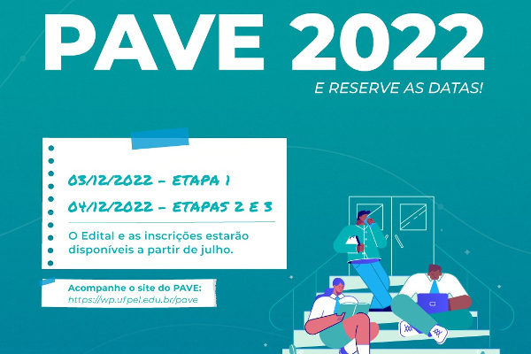 Imagem com fundo azul ilustra estudantes Texto Pave 2022 e reserve as datas