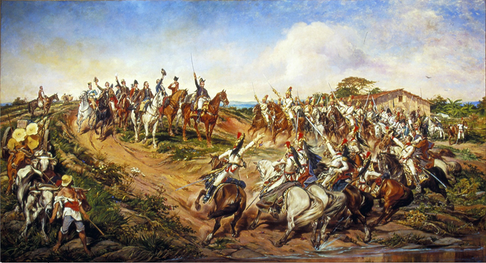 Quadro mostra várias pessoas a cavalo, uma delas, Dom Pedro I, está com o braço erguido.