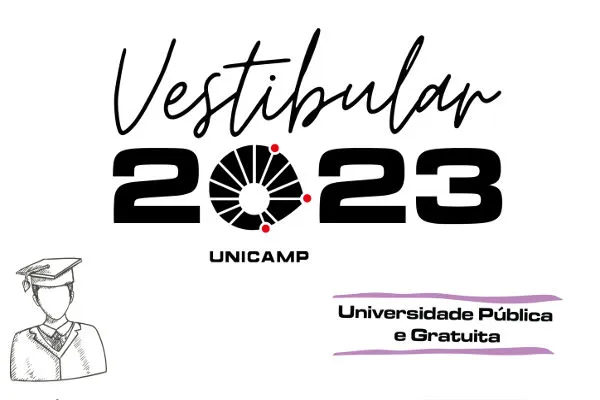 Imagem ilustra uma pessoa se formando. Texto Vestibular 2023 Unicamp Universidade Pública e Gratuita