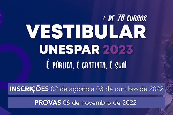 Imagem de fundo na cor roxa Texto Vestibular Unespar 2023 É Pública, é gratuita, é sua!