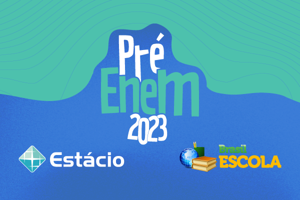 Imagem de fundo nas cores verde e azul. Logo do Pré-Enem 2023 Brasil Escola e Estácio.