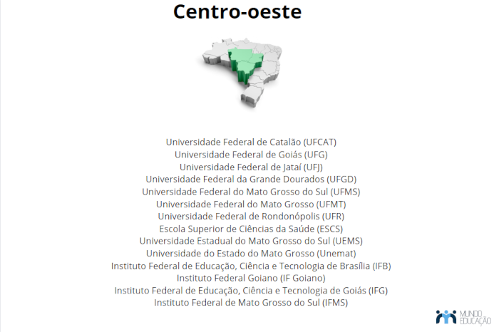 Mapa do Brasil seguido da listagem das instituições da Região Centro-Oeste participantes do SiSU 2024.