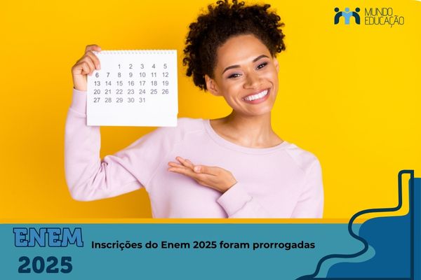 Mulher segura calendário. Texto na imagem:Inscrições do Enem 2025 foram prorrogadas.