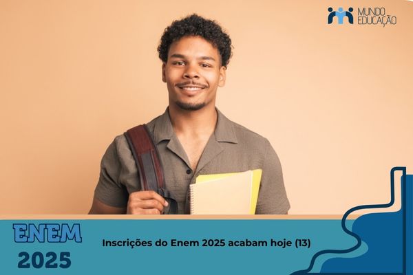 Estudante sorri. Texto na imagem: Inscrições do Enem 2025 acabam hoje (13)