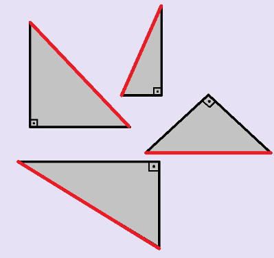 Exemplos de triângulos retângulos. Os lados vermelhos correspondem à hipotenusa, e os lados pretos, aos catetos